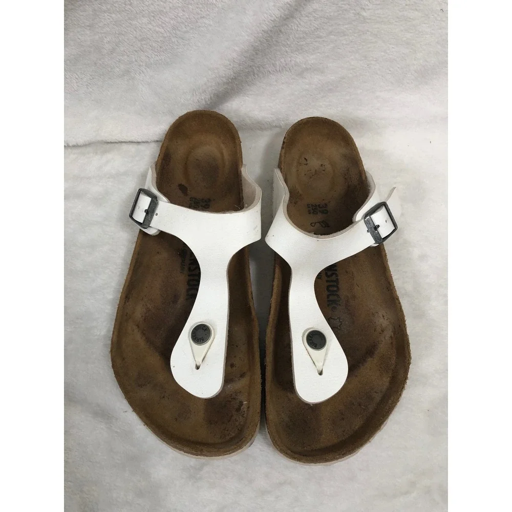 Birkenstock Gizeh Sandals Women 39 White Thong T-Strap Cork Footbed